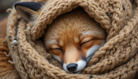 Close-up of a red fox sleeping in a warm scarf.の素材
