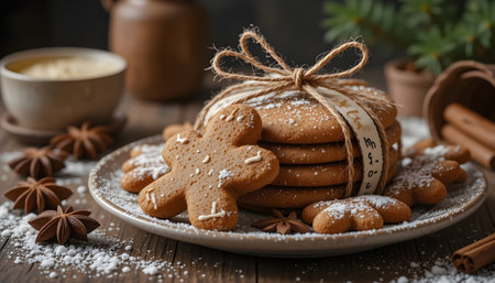 Christmas gingerbread cookies with icing sugar and spices on a wooden backgroundの素材