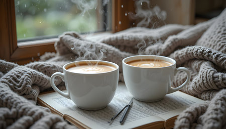 Coffee cup with book and knitted blanket on window sillの素材