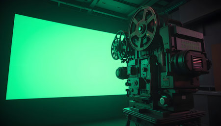 Old movie projector with green screen. Cinema concept. 3D Renderingの素材