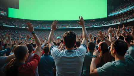 Cheering crowd at a soccer or football stadium with a green screenの素材