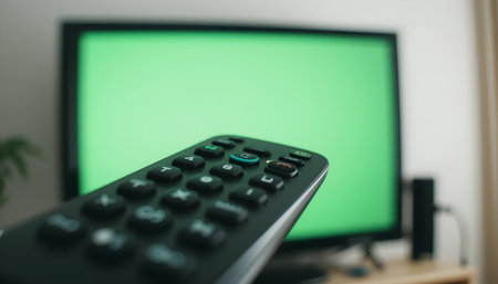 TV remote control in front of a green screen. Selective focus.の素材