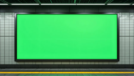 Blank green billboard in underground subway station. 3D rendering.の素材