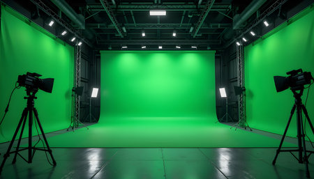 Interior of a studio with lighting equipment and green screen on the wallの素材