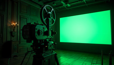 Cinema movie projector with green screen in dark room with lightingの素材