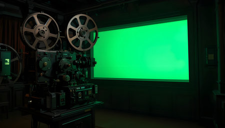 3d illustration of a movie projector in a dark room with green screenの素材
