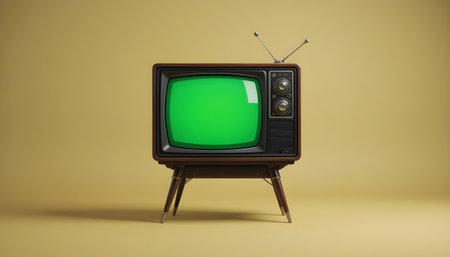 Retro TV with green screen on brown background. 3d renderingの素材