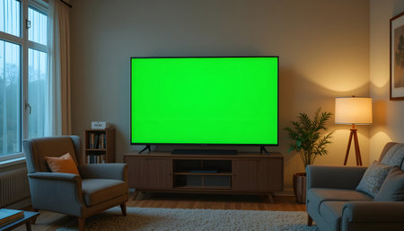 3D rendering of a modern living room with a green screen TVの素材