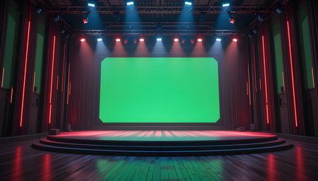 Empty stage with green screen and spotlights. 3D Renderingの素材
