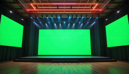 Green screen on the wall with spotlights in the concert hall.の素材