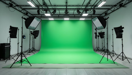 Empty photo studio with lighting equipment and green screen. 3d renderingの素材