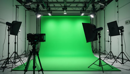 Interior of photo studio with green screen and lighting equipment. 3d renderingの素材