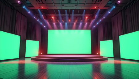 3d rendering of green screen on stage with spotlights in the studioの素材