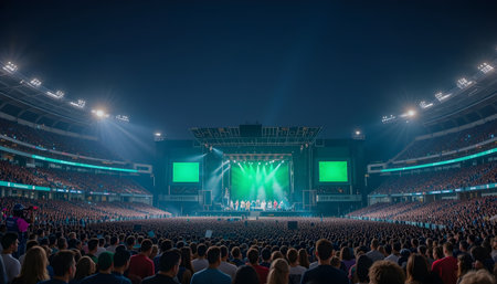 Rear view of large crowd of people attending a live concert in a sports arenaの素材