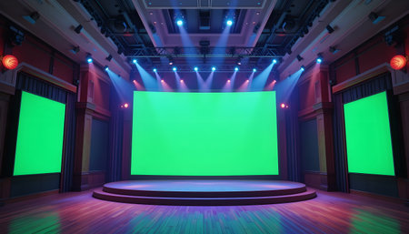 3d render of a green screen on a stage with spotlightsの素材