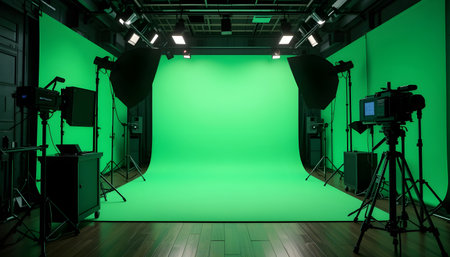 Green screen with spotlights and lighting equipment in the studio. 3d renderingの素材