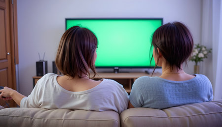Rear view of two women watching television at home in the eveningの素材