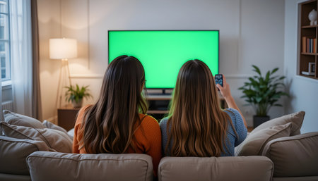 Rear view of two young women watching tv at home in the living roomの素材