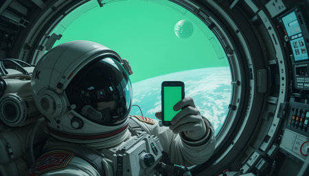 Astronaut holding a smartphone in his hands. 3d renderingの素材