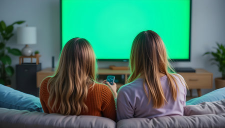 back view of two young women watching tv in living room at homeの素材