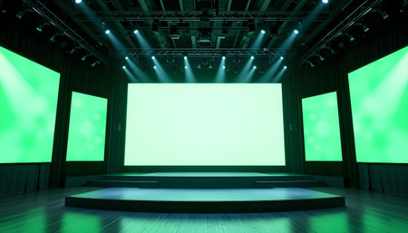 Green screen on the stage in the auditorium. 3d renderingの素材