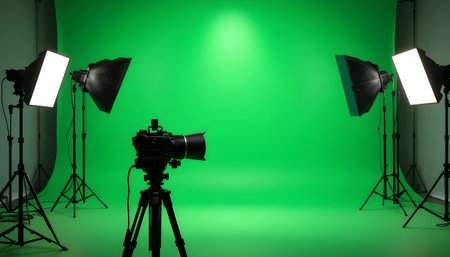 Interior of the photo studio with lighting equipment on a green backgroundの素材