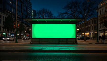 Illuminated bus stop with green screen at night in Berlin, Germanyの素材