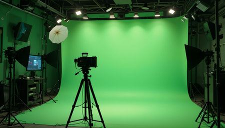 Photography studio with green screen and lighting equipment. 3d renderingの素材
