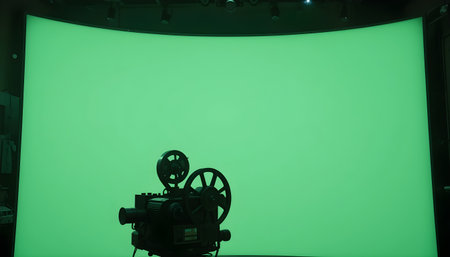 cinema film projector and green screen, closeup of photoの素材
