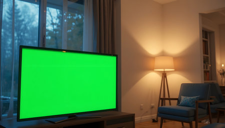 Green screen TV on the wall in the living room at night.の素材