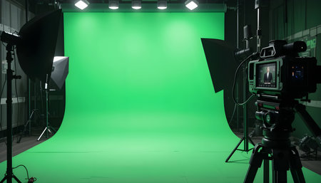 Green studio background with lighting equipment and spotlights. 3d renderingの素材