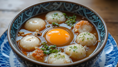 Japanese dumplings with eggs in a bowl on a wooden tableの素材