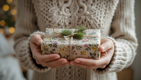 Female hands holding christmas gift boxes on bokeh background.の素材