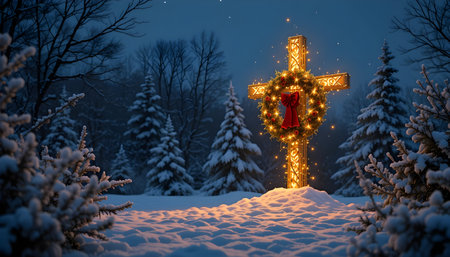 christian cross in the winter forest at night. 3d renderingの素材
