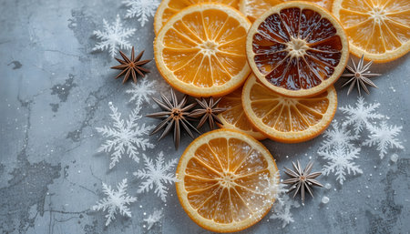Christmas and New Year background with dried orange slices, star anise and snowflakesの素材