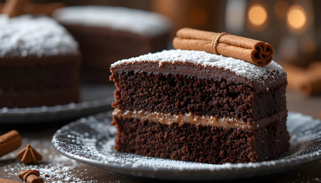 Chocolate cake with cinnamon on a wooden table, close-upの素材
