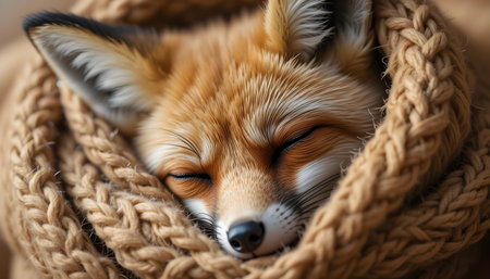 Cute little fox sleeping in warm knitted scarf, closeupの素材