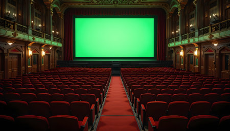 Cinema auditorium with green screen, seats and lights.の素材