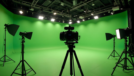 Green studio with professional equipment and lighting equipment. Filming process.の素材
