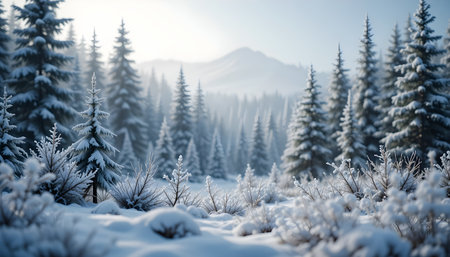 Beautiful winter landscape with snow covered fir trees and mountains on backgroundの素材