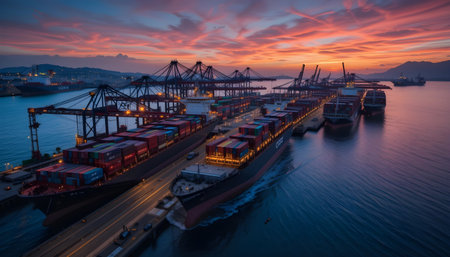 Container Cargo freight ship with working crane bridge at dusk for Logistic Import Export backgroundの素材