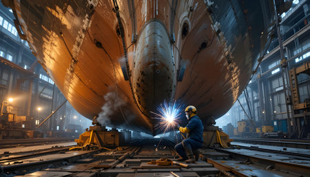 3d rendering of a worker welding a ship in a shipyardの素材