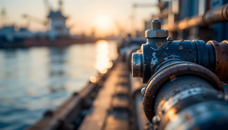 Industrial steel pipelines and valves on the background of the sea portの素材