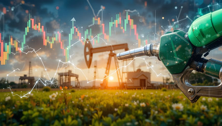 Double exposure of oil pump or derrick and stock market data.の素材