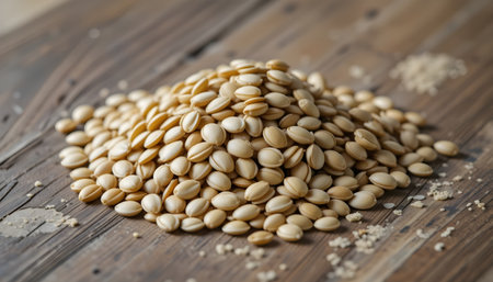 Pile of white sesame seeds on wooden background. Close upの素材