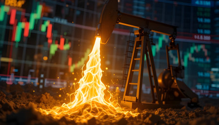 Oil pump jack on the background of the stock exchange. Oil industry concept. 3d renderingの素材