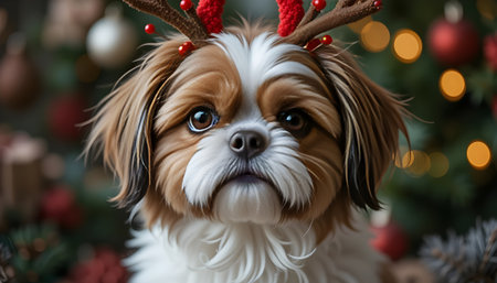 Cute dog with reindeer antlers and Christmas tree on backgroundの素材