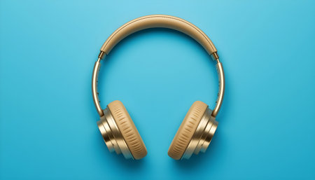 Golden headphones on blue background. Music concept. Top view. Copy space.の素材