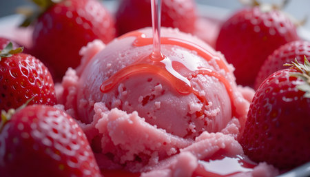 Strawberry ice cream with fresh strawberries. Close up shot.の素材