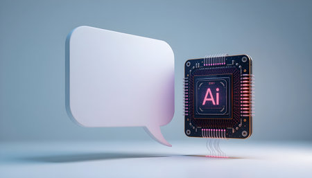 3D rendering of a chip with speech bubble on a blue backgroundの素材